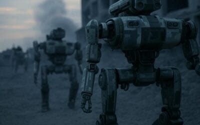 Military robots patrol rugged battlefield in modern warfare, showcasing autonomous robots in combat.