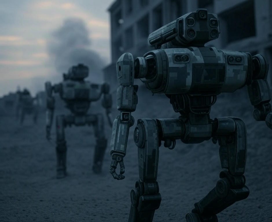 Military robots patrol rugged battlefield in modern warfare, showcasing autonomous robots in combat.