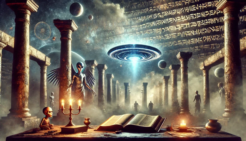 Aliens in the Bible show extraterrestrials in scripture with fiery wheels under stars.