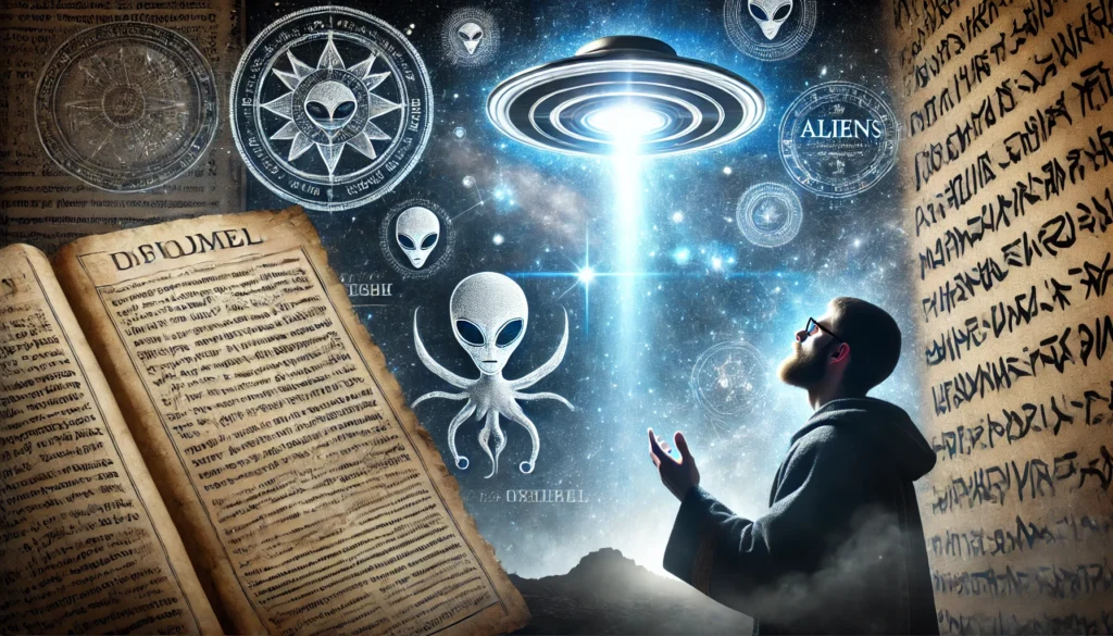 Aliens in the Bible show extraterrestrials in scripture with fiery wheels under stars.