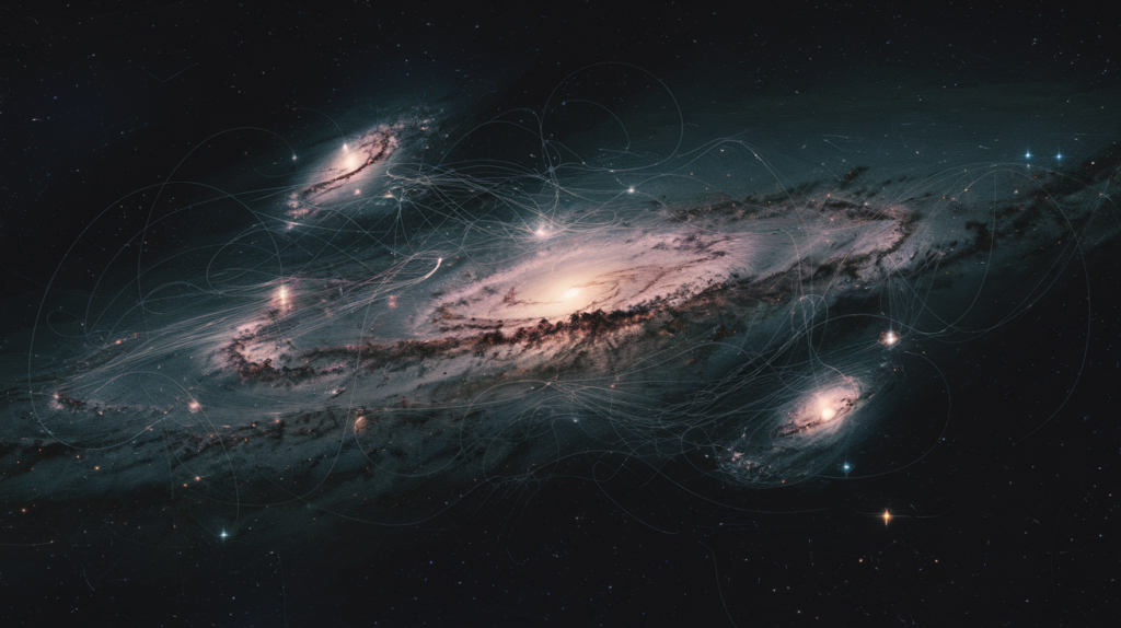 A visualization of dark matter in the universe, showing an ethereal web-like structure connecting galaxies.