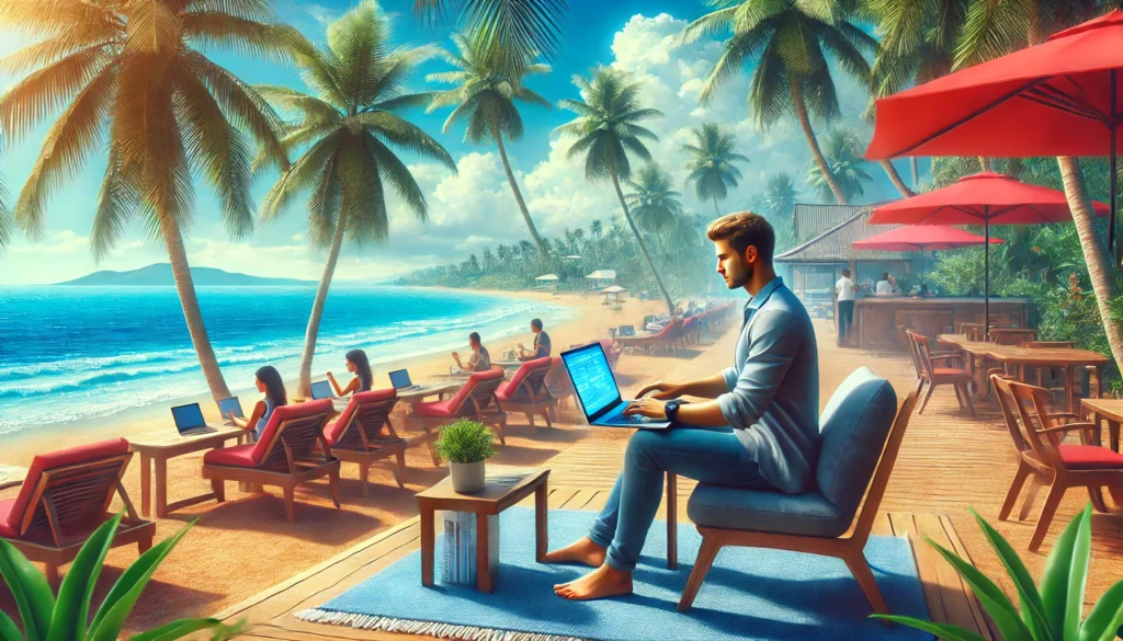 digital nomad lifestyle, showing a young professional working remotely on a beach with a laptop, with palm trees, a clear blue ocean, and other digital nomads in the background.