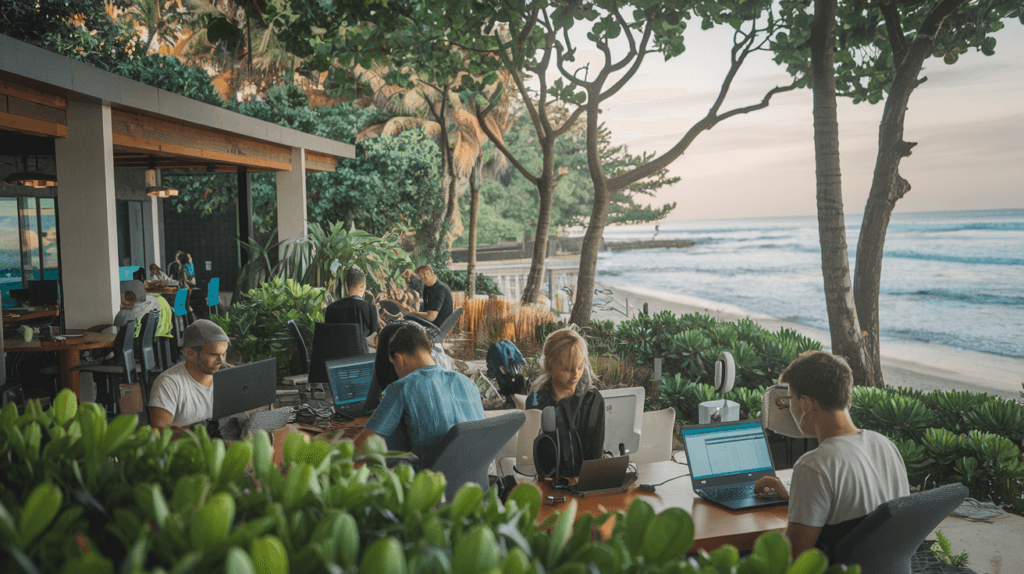 Digital nomad lifestyle: Professionals working remotely on laptops in a co-working space by the beach.