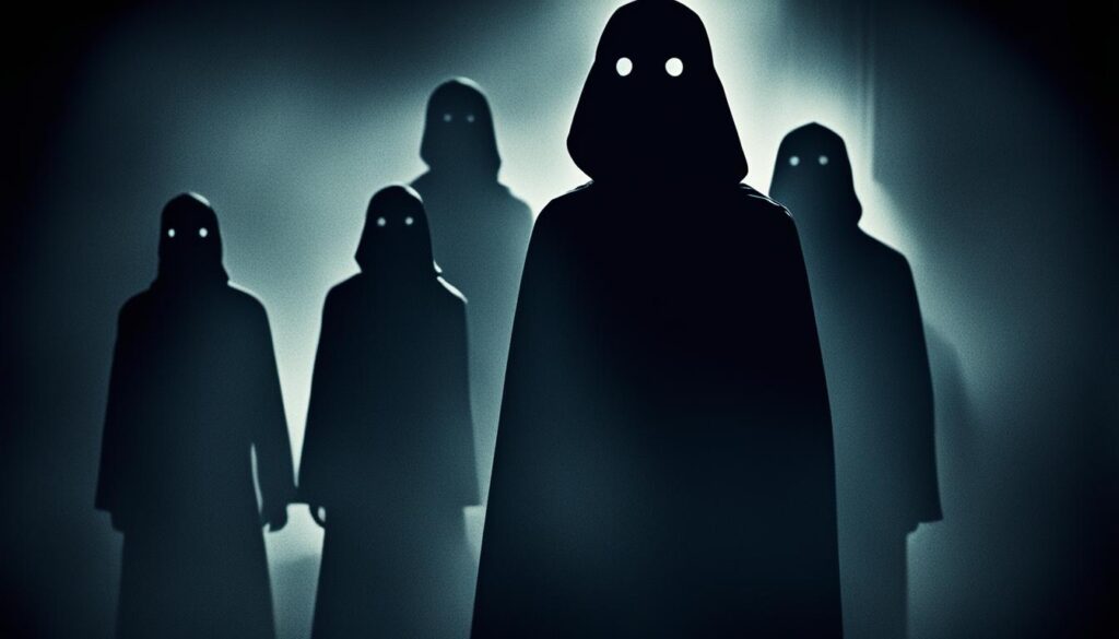an eerie and unsettling image that captures the essence of the mysterious and elusive shadow people. Use dark tones and shadowy imagery to convey an ominous presence, while also incorporating subtle hints of human-like figures that are just beyond the viewer's immediate perception. The overall effect should be one of foreboding and fear, leaving the viewer with a sense of unease and uncertainty about what lurks in the shadows.