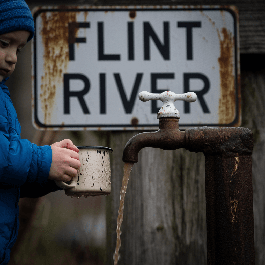 Child drinking from rusty tap with Flint River sign, highlighting Flint water crisis and lead poisoning.