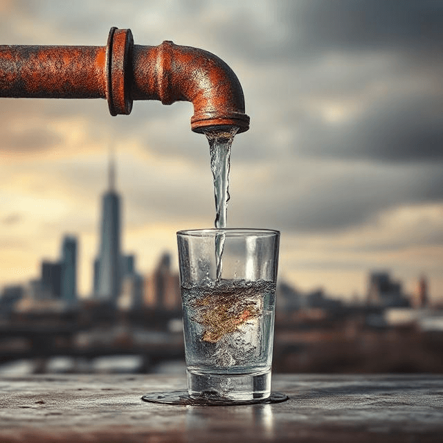 Rusty pipe leaking murky water into glass with Flint skyline, symbolizing Flint water crisis and lead poisoning.