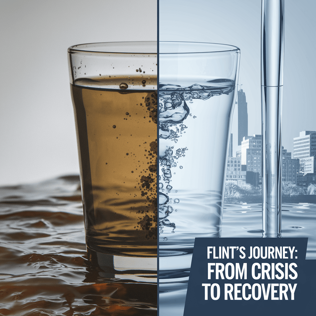Split graphic of murky water and filter system, showcasing Flint water crisis and lead poisoning recovery efforts.
