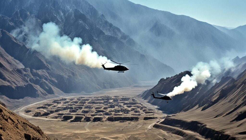 A bird's eye view of the rugged terrain and mountainous region where Operation Anaconda took place. Smoke and dust fill the air from the intense fighting, with tracer rounds lighting up the landscape in sporadic bursts. Helicopters and planes fly overhead, dropping supplies and troops into the fray. In the distance, a convoy of vehicles can be seen moving through the rocky terrain. The image should capture the chaotic and intense nature of this epic battle.