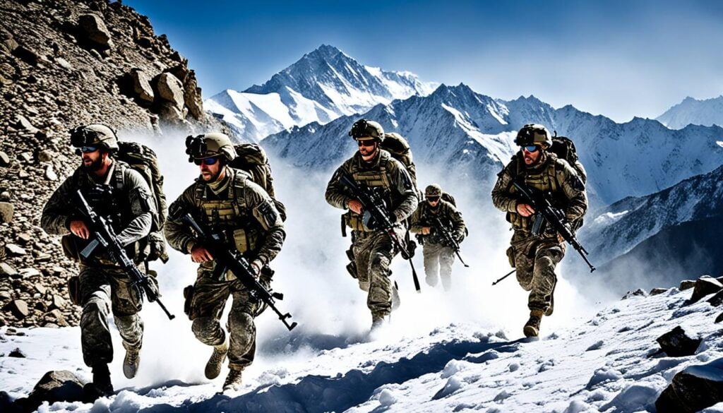 Create an image showing US military forces navigating treacherous mountainous terrain during Operation Enduring Freedom in Afghanistan. The soldiers should be depicted moving stealthily through the rugged terrain, with their weapons at the ready and a sense of tension and anticipation in the air. Show the mountains looming high above them, with harsh winds and blowing snow adding to the sense of danger. The soldiers should be rugged and stoic, determined to complete their mission despite the many challenges they face. The overall mood should be one of gritty determination and perseverance, highlighting the difficult nature of this conflict.