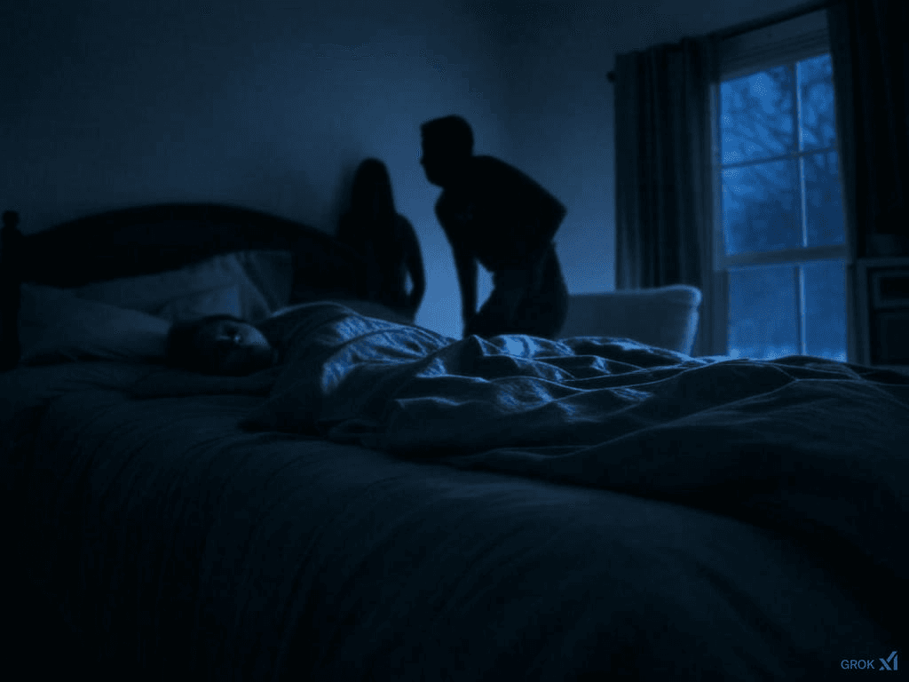 A dark figure stands in the corner of a dimly lit bedroom, its shape distorted and elongated. The figure seems to be watching the sleeping occupant with menacing intent, its features indiscernible in the shadows. Outside the window, a full moon casts an eerie glow, intensifying the sense of foreboding.