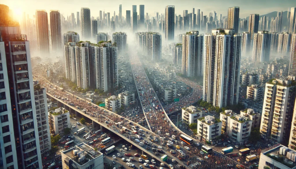 Highly realistic and dramatic image depicting overpopulation crisis with densely packed urban area, crowded streets, congested traffic, limited green spaces, and visible pollution, illustrating the intense pressure on resources and infrastructure.