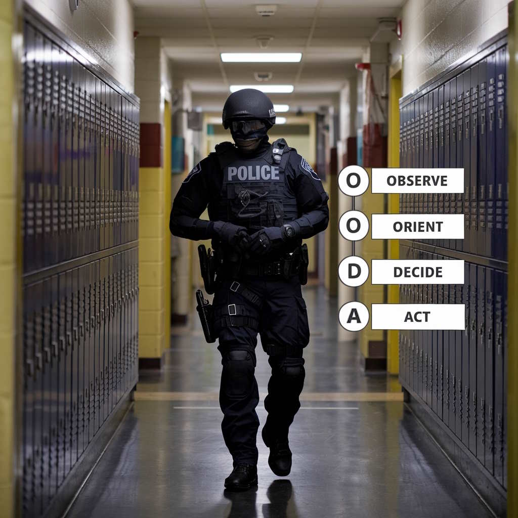 Police officer using the OODA Loop in active shooter response, demonstrating the OODA Loop decision-making approach in action.