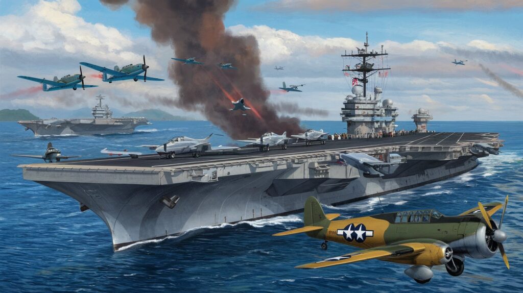 Illustration of aircraft carriers and planes during the Battle of Midway, symbolizing the turning point in the Pacific War.