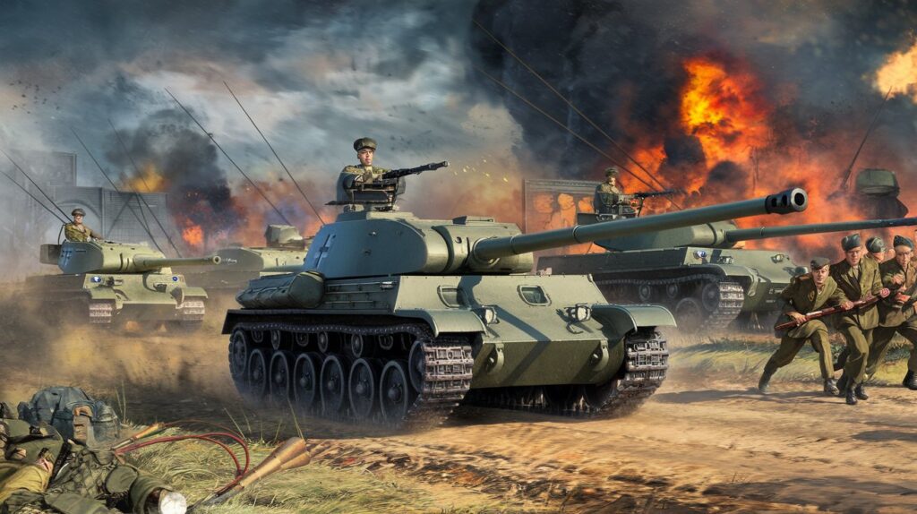 Illustration of German tanks and soldiers advancing during a Blitzkrieg operation, showcasing the speed and surprise elements of the strategy.