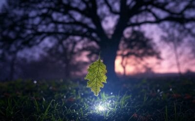 A serene yet profound illustration of a single leaf falling before an ancient oak, symbolizing the paradox of death and spiritual meaning of death, with a mystical aura around the leaf hinting at death in spirituality, set against a twilight sky reflecting afterlife philosophy and fear of dying.