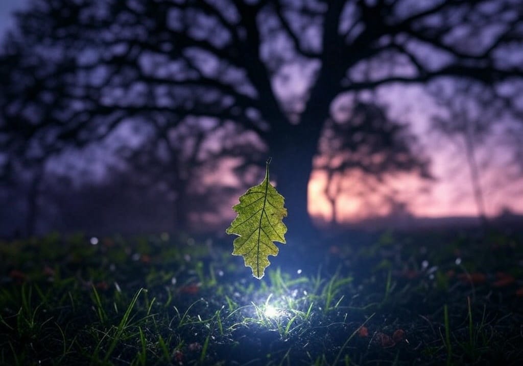 A serene yet profound illustration of a single leaf falling before an ancient oak, symbolizing the paradox of death and spiritual meaning of death, with a mystical aura around the leaf hinting at death in spirituality, set against a twilight sky reflecting afterlife philosophy and fear of dying.
