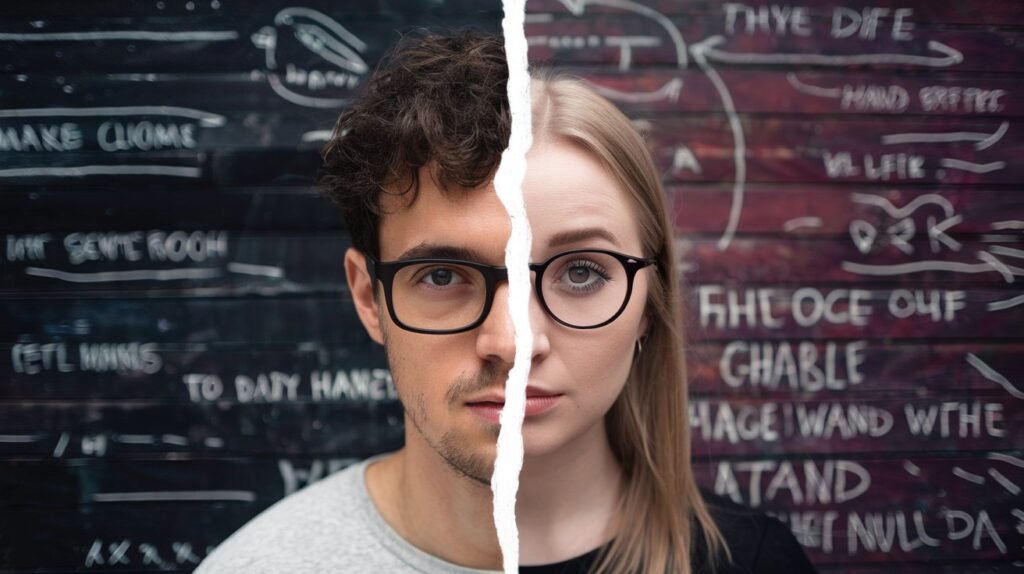 cultural clash : a split between Generation Z vs Millennials, symbolizing their cultural differences and opposing views.