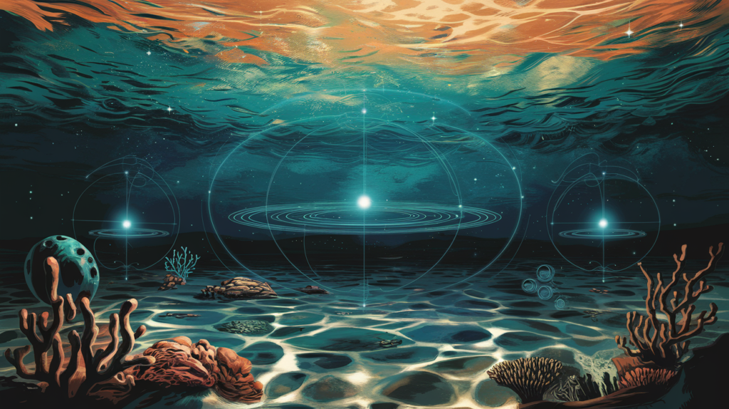 Illustration of a mysterious ocean floor with signals suggesting a hidden universe, depicting a surreal underwater landscape with unknown elements hinting at unexplored realms.