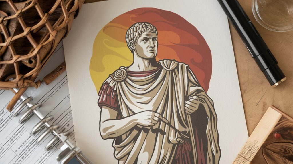 Illustration of Julius Caesar in a Roman toga, symbolizing the myths and realities surrounding his life and legacy.