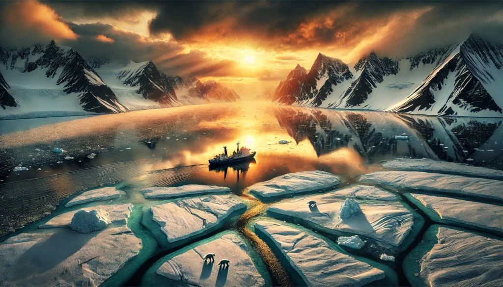 Arctic geopolitics: A melting Arctic landscape with a Russian icebreaker navigating through cracked ice sheets, reflecting a sunset, and polar bears near the water's edge, symbolizing geopolitical tensions and environmental impact.