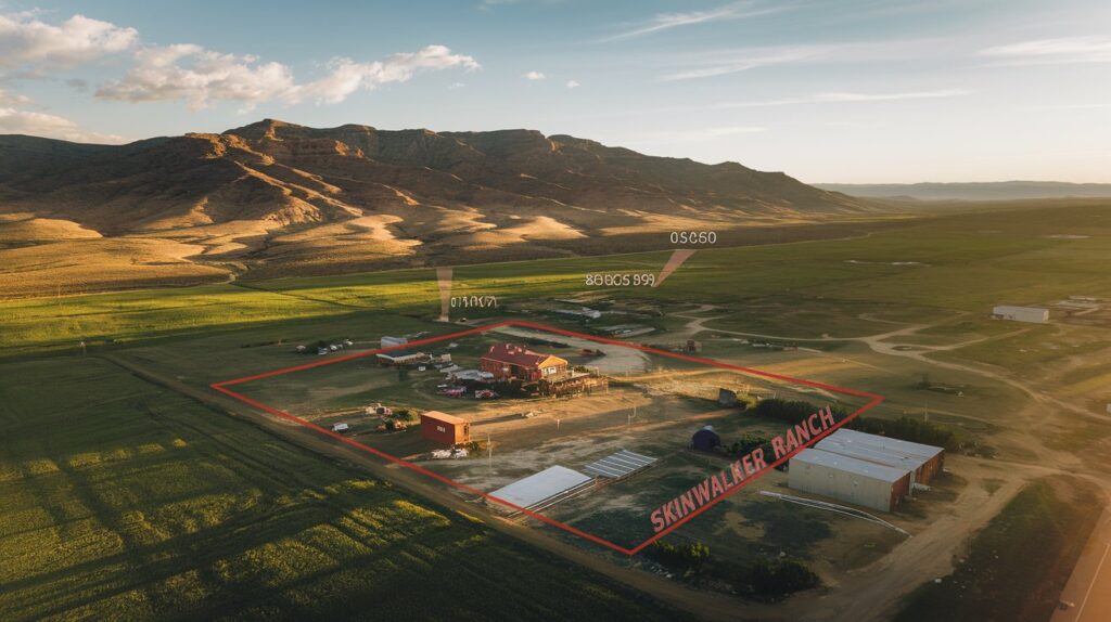 Aerial view of Skinwalker Ranch, highlighting areas of paranormal activity and UFO sightings.