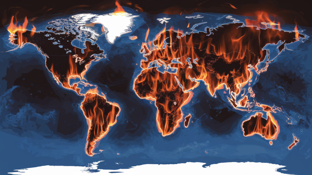 Illustration of a world map on fire, symbolizing the global geopolitical risks in 2024, including conflicts, tensions, and uncertainties.