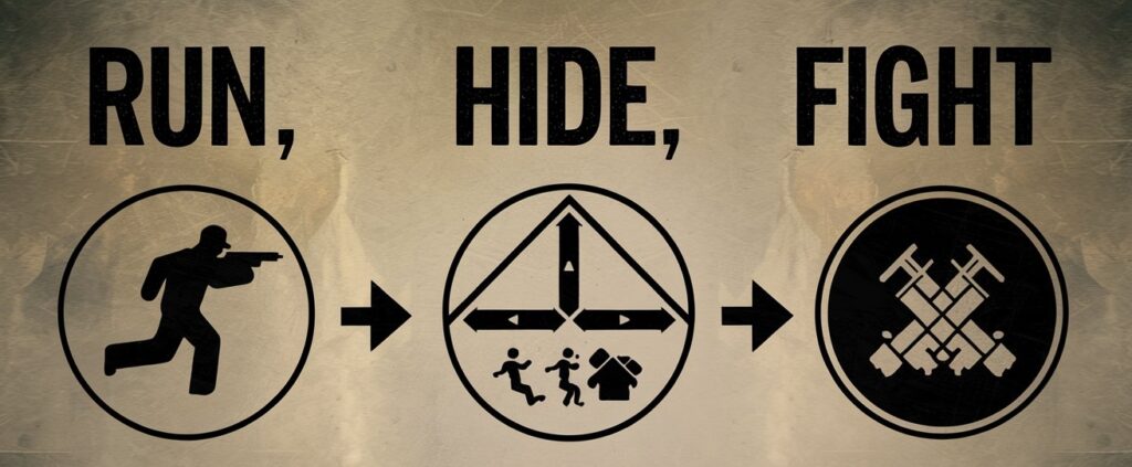 A diagram showing the "Run, Hide, Fight" strategy for surviving an active shooter situation, highlighting the key survival tactics.