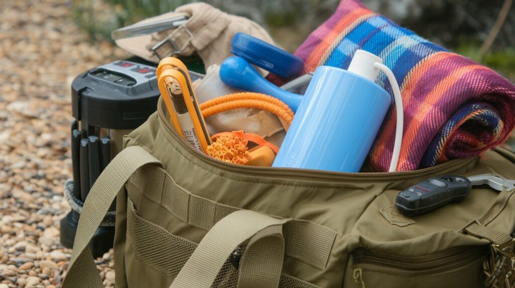 A packed bug-out bag with essential survival gear, including a water filter, emergency blanket, and multi-tool.