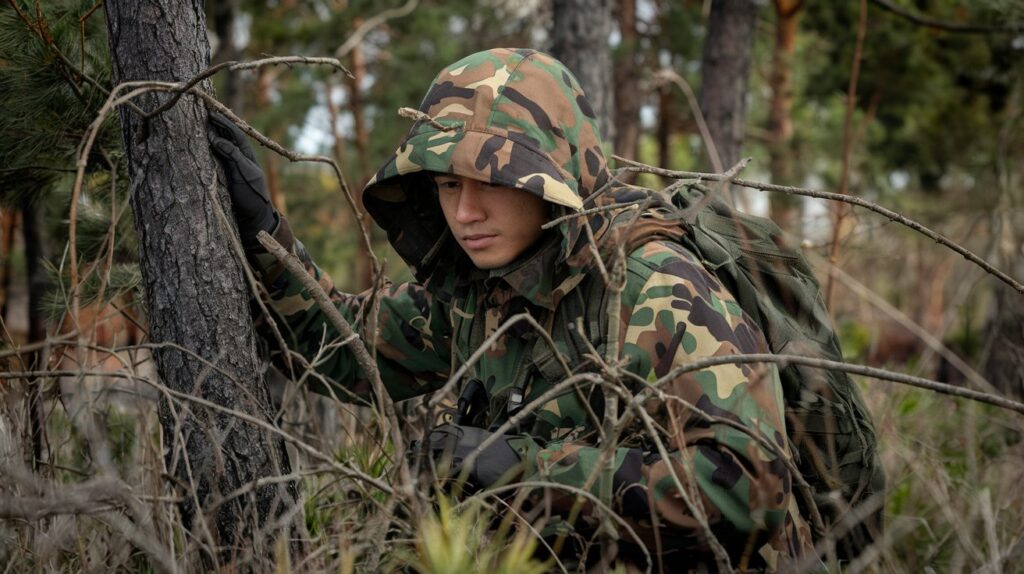 A person blending into the forest using camouflage, representing the importance of camouflage tactics in survival situations.