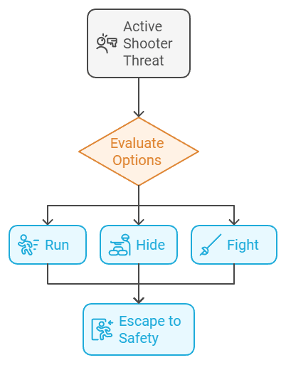 Infographic of Run, Hide, Fight: "Visual explanation of the Run, Hide, Fight strategy for active shooter survival."