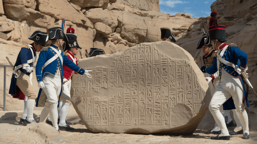 French soldiers unearthing the Rosetta Stone near Fort Julien in 1799, surrounded by Egyptian sand and ancient ruins.
