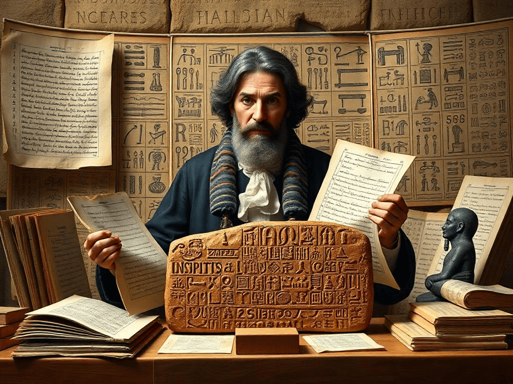 Jean-François Champollion unveiling his breakthrough in deciphering Egyptian hieroglyphs, surrounded by manuscripts and the Rosetta Stone.