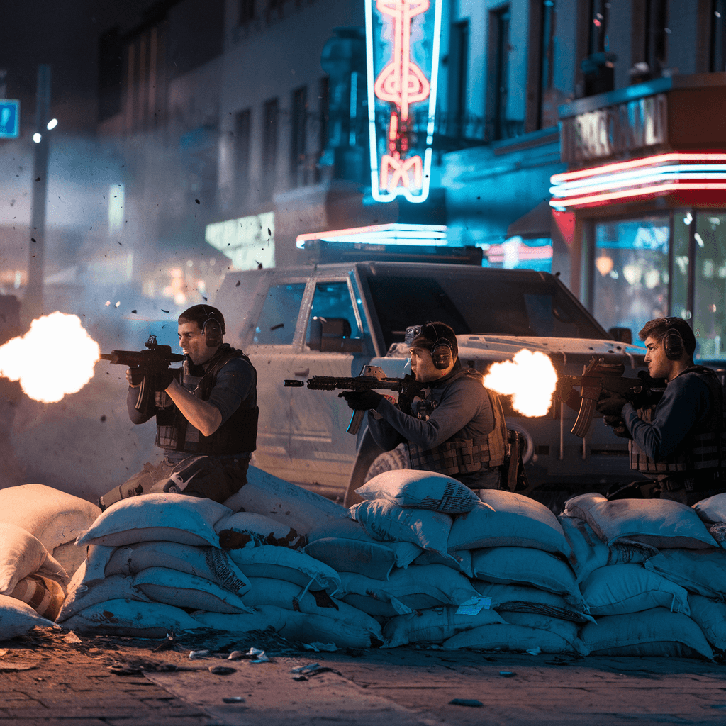 Private military companies explained: PMC contractors in dark gear fire from a barricade in a neon-lit urban warzone, showcasing their role in chaotic conflicts over the last 10 years.
