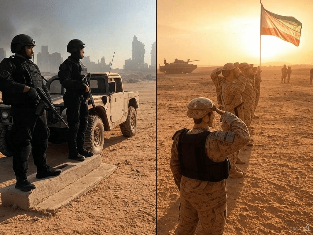 PMC vs Military showdown: contractors in black gear stand by a Humvee in a smoky desert, contrasting with soldiers saluting a flag near tanks, capturing the difference between PMC and military forces over the past decade.
