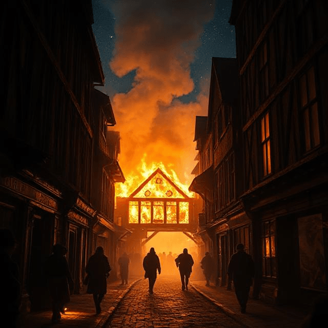 Great Fire of London begins as Thomas Farriner’s bakery on Pudding Lane erupts in flames, sparking the 1666 fire that ravaged London history.