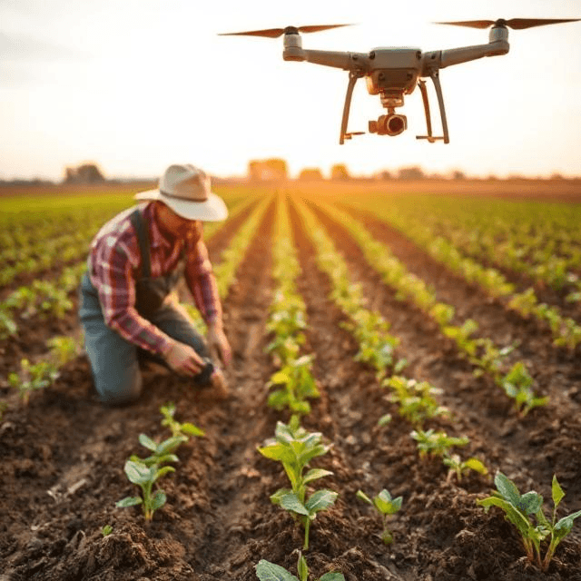 Farmer using drone technology to monitor soil health, addressing fertilizer shortages and sustainable agriculture.