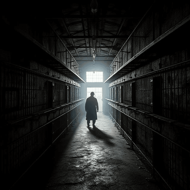 Haunted places in America: shadowy figures in Eastern State Penitentiary cellblock during paranormal investigation.