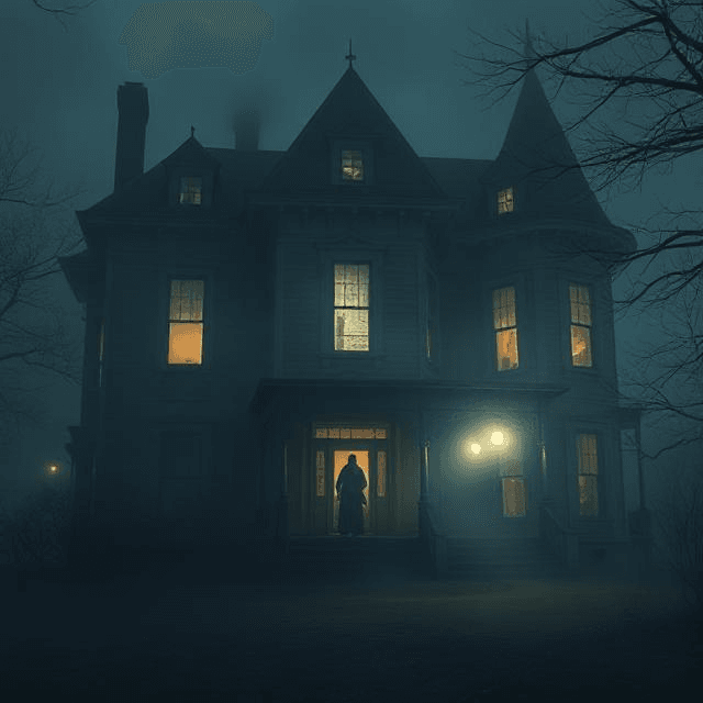 Haunted places in America: eerie mansion glowing at night, perfect for paranormal investigation.