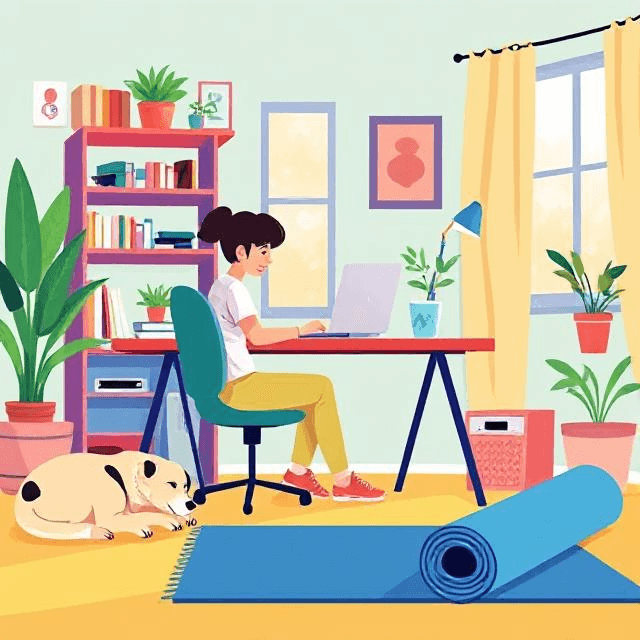 Remote work and societal change in action—a cozy home office setup with a happy pup and fitness break.