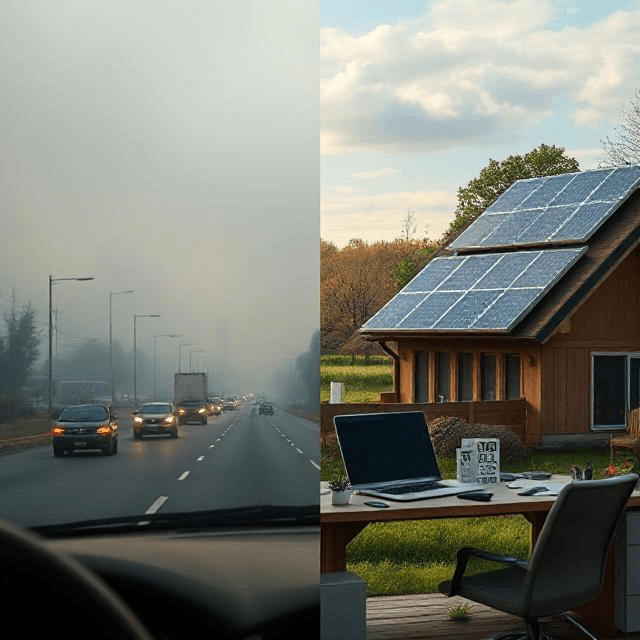 Remote work and societal change—contrasting a busy urban commute with an eco-friendly rural workspace.