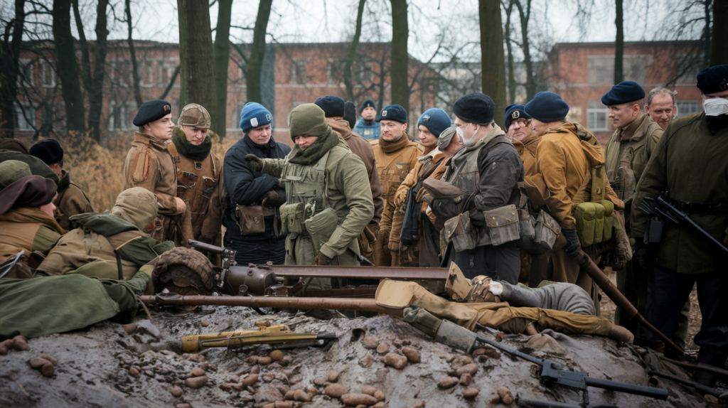 An image showing Soviet soldiers near the Führerbunker after Berlin’s fall, beginning the investigation into Hitler’s death.