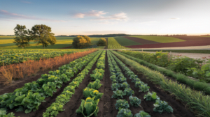 A regenerative farm showcasing diverse crops and livestock integration, representing the key principles of regenerative agriculture.