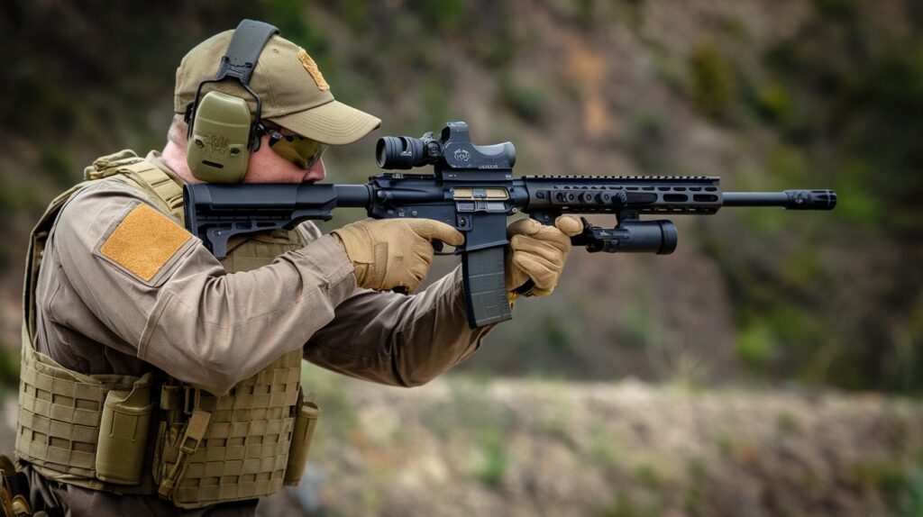 A tactical shooter practicing drills on a shooting range, representing the importance of tactical firearm training.