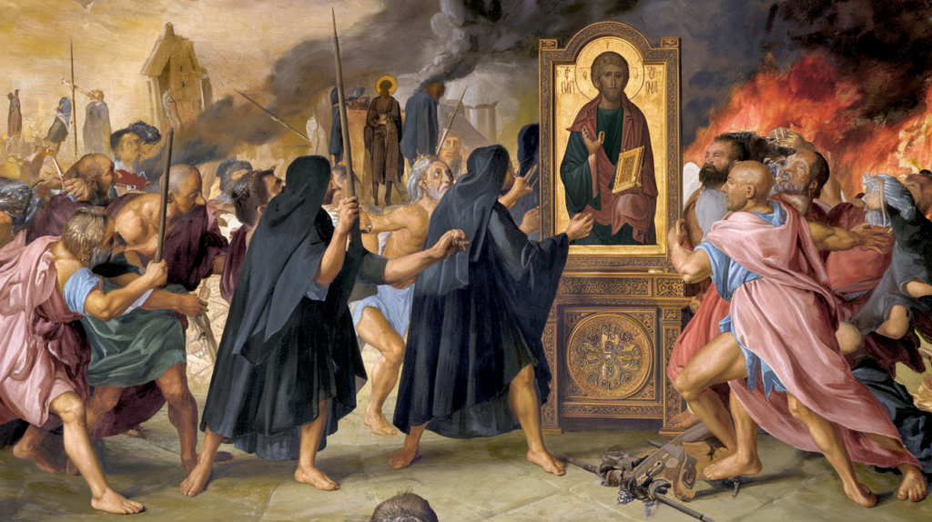 A depiction of the Sicilian rebellion against Byzantine Iconoclasm, featuring monks and local people defending religious icons.