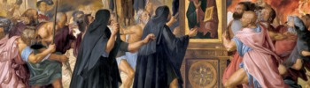 A depiction of the Sicilian rebellion against Byzantine Iconoclasm, featuring monks and local people defending religious icons.