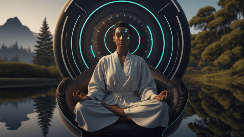 A futuristic AI interface with a person meditating, symbolizing the intersection of AI spiritual guide.