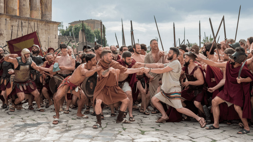 Second Servile War, with enslaved rebels battling against Roman forces.