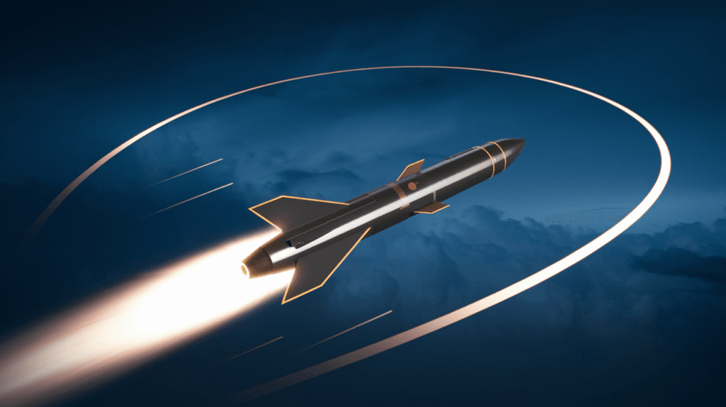Graphic representation of a hypersonic missile traveling at high speeds, symbolizing the new arms race in military technology and hypersonic weapons