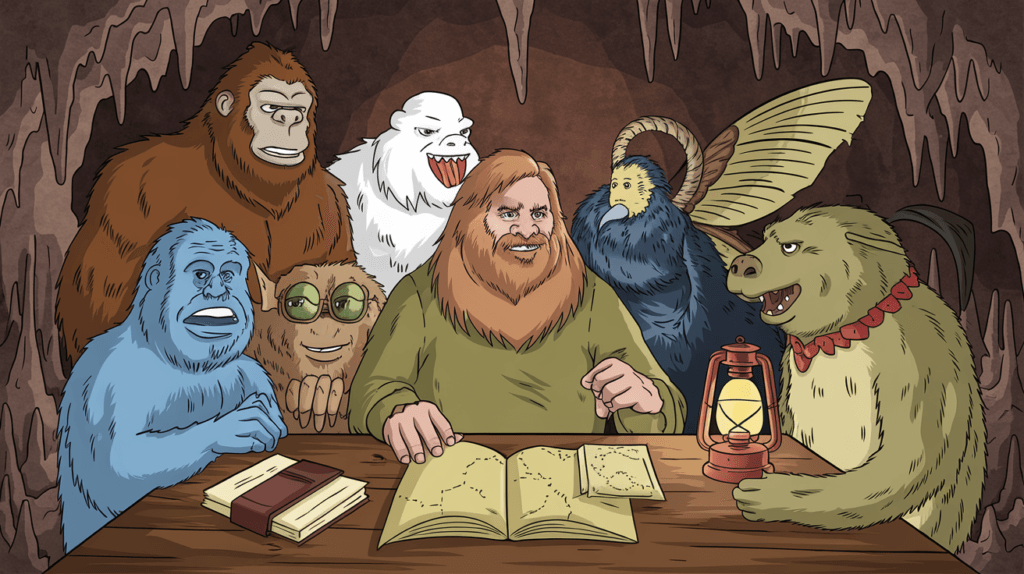 Illustration of cryptids like Bigfoot and the Loch Ness Monster, symbolizing the search for hidden species in cryptozoology.