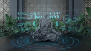 A futuristic AI interface with a person meditating, symbolizing the intersection of AI spiritual guide.